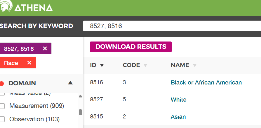 A snapshot of the Athena concepts table showing some race concept ids.